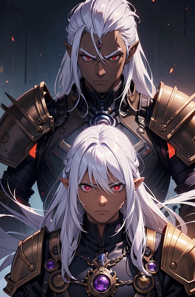 ((best quality)), ((masterpiece)), (detailed), ((boy)), ((mechanical armor)), (steampunk), (serious), dark skinned, human, upper body, portrait, red eyes, long white hair, Xemnas from Kingdom Hearts, half-drow, pointy ears, serious face, dramatic lighting, purple hue, art by Kinema Citrus
