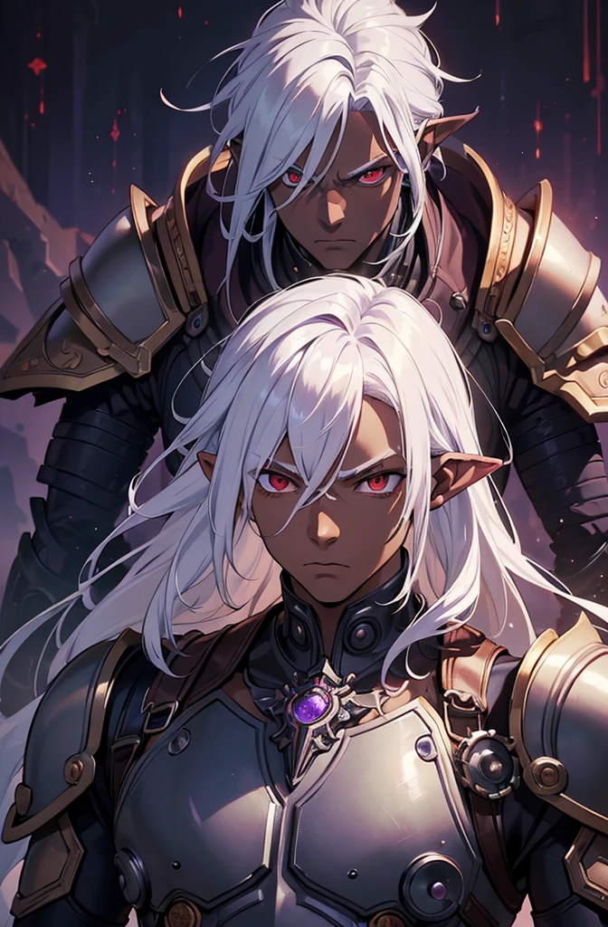 ((best quality)), ((masterpiece)), (detailed), ((boy)), ((mechanical armor)), (steampunk), (serious), dark skinned, human, upper body, portrait, red eyes, long white hair, Xemnas from Kingdom Hearts, half-drow, pointy ears, serious face, dramatic lighting, purple hue, art by Kinema Citrus