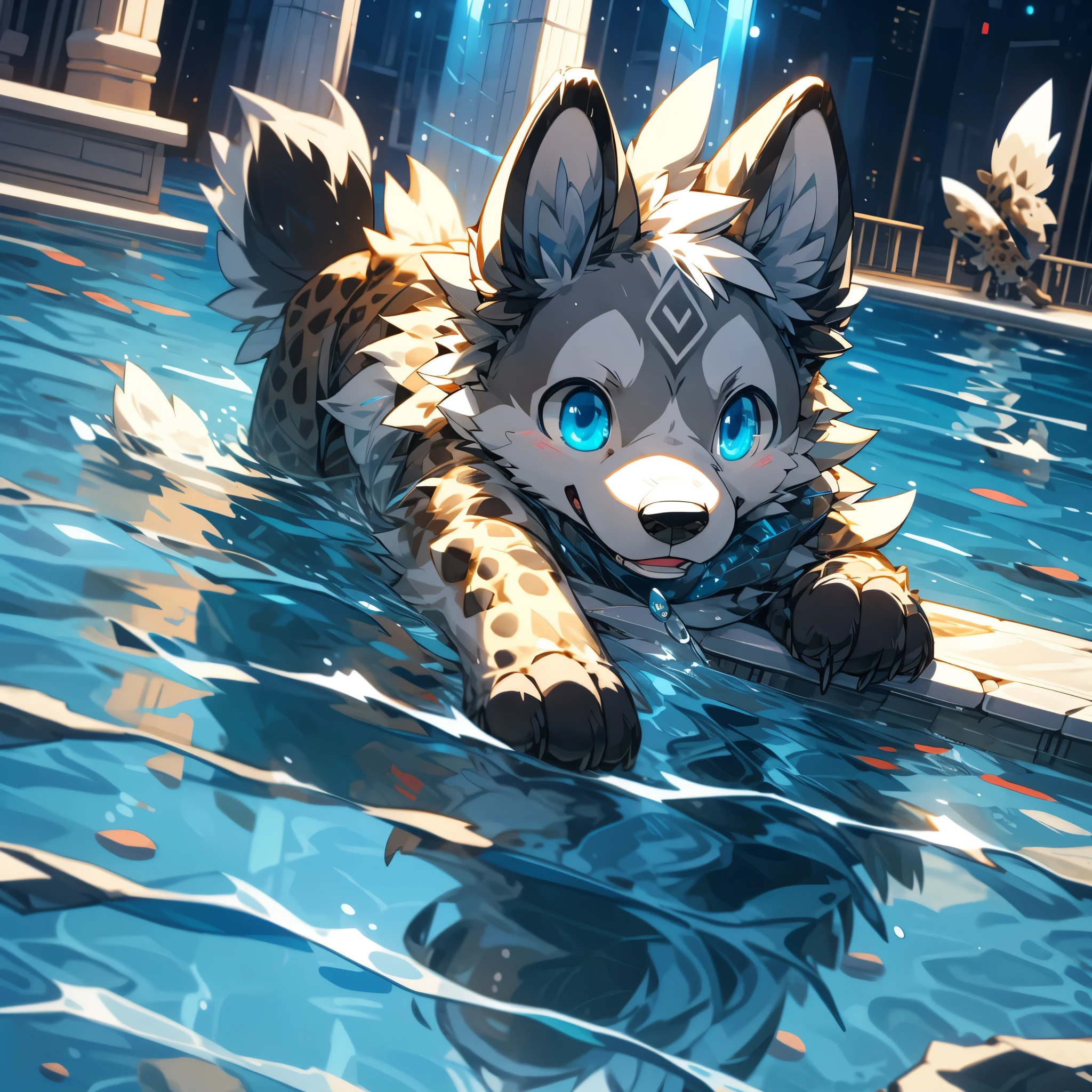 1animal,master piece,High quality,(Four-legged hyena that manipulates water),perfect background,cute,blue eye,