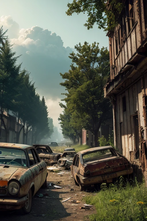 Old urban ruins, overgrown with trees and weeds, car wrecks, rusted scrap metal, bomb trails, Washington, post-apocalypse,
epic realistic, intricate details, hyper detailed, cinematic, rim light, 
