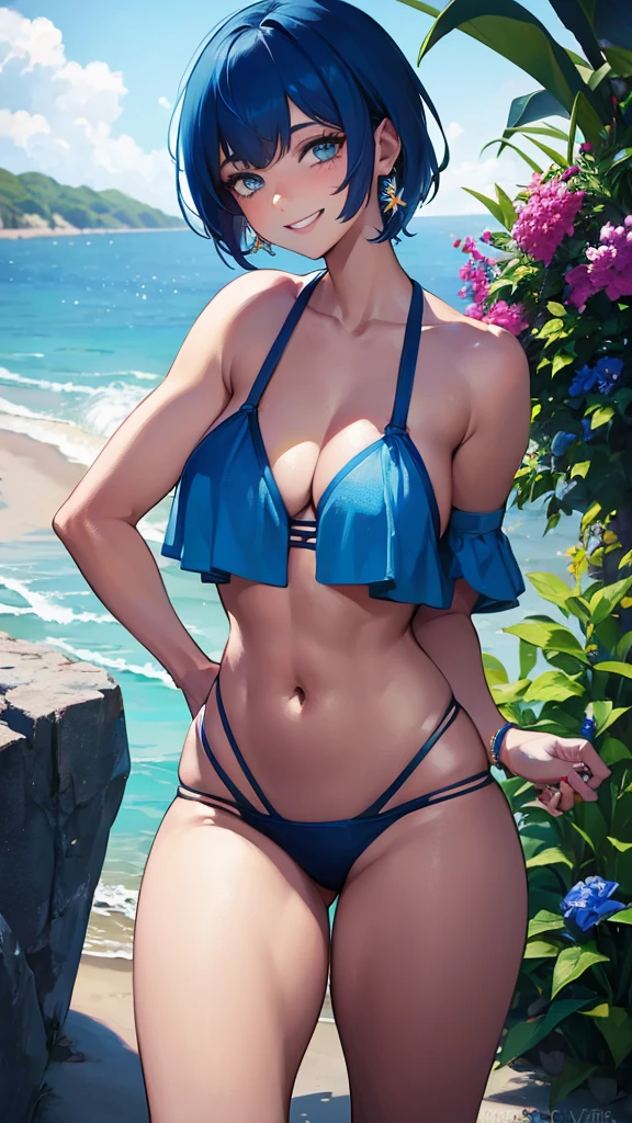 Girl, blue hair, blue eyes, short hair, flowers earrings, freckles, big , dark blue bikini standing, hands on back, smiling, barefoot