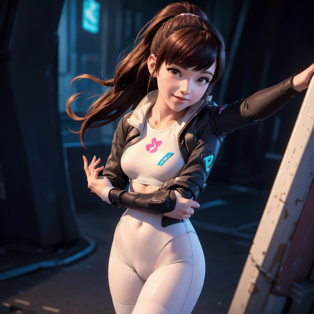 DVA from Overwatch without her mech, a woman with short brown hair in a ponytail,she stands in Busan Korea, high quality refelctions, volumetric lighting, she is wearing her classic thin tight figure hugging stretchy pink white and blue full bodysuit, soft simple plain sport bodysuit, the bodysuits is like a yoga outfit, she stands on the street, (1 girl solo), cinematic lighting, high resolution, physically-based rendering, 8k, volumetric lighting, hyperrealistic, detailed facial features, masterpiece, full upper body, city in background, cinematic,she has very small breasts, flat  breasts  , the focus is on her whole body and the environment, cinematic screenshot, you can see the whole environment and her standing on the street, the picture has a very soft look at soft textures, cute smile, her arms are on her side, DVA is posing and does a peace symbol with her fingers, woman body, no bra, 1 person, 1 head, Overwatch cinematic graphic style