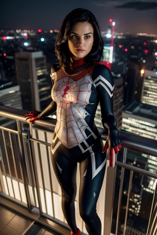 8k, best quality, (masterpiece:1.2), (realistic, photo-realistic:1.37), ultra-detailed, ((1girl)), innocent face, short wavy dark hair, wearing a spiderman outfit, standing on a ledge of a tall building, overlooking an evening skyline