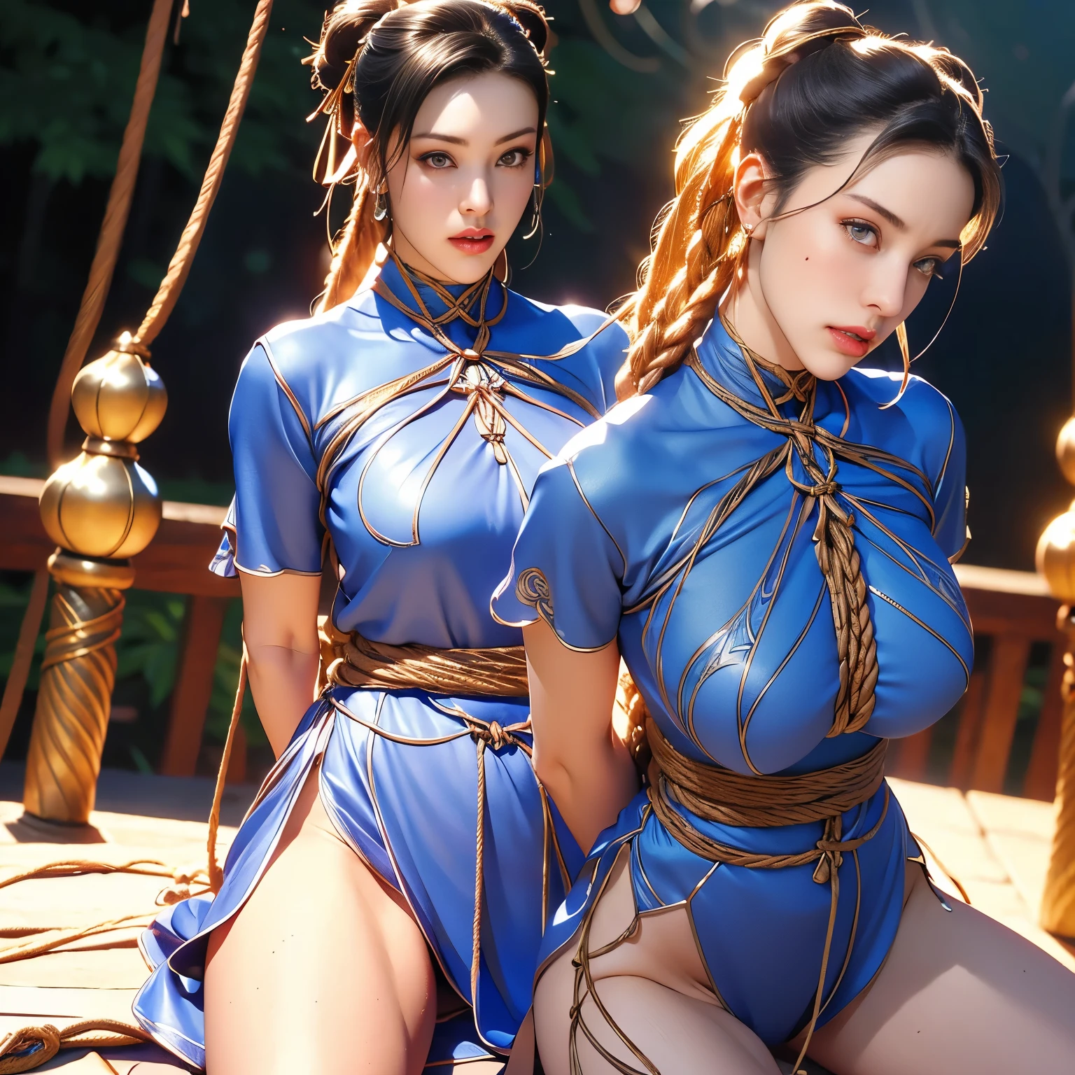 Woman, long curly hair, black hair, blue masterpiece, best quality, (extremely detailed CG unity 8k wallpaper, masterpiece, best quality, ultra-detailed ), (detailed background), (beautiful detailed face, beautiful detailed eyes), (best illumination, an extremely delicate and beautiful),1girl solo, ((caustic)), dynamic angle,beautiful detailed glow,full body, , looking Chun-Li, , medium breastchun-li from street fighters series perfect eyes , masterpiece, best quality, highres, (finely detailed beautiful eyes and detailed face), (face through thigh: 1.4), solo, lady, (beautiful background), dynamic angle, , light face, sunlight, (bright face: 1.2), very wide hips, very thick thighs, (full body shot) , blue chinese dress,18yo, sharp eyes, medium breasts, toned, 8k, full body, ambient lighting, ring, arn thick thighs, detailed legs, flexible, muscular,park background,Detailed background,nsfw,spread legs,(red blush,angry:1.2),(muscular legs:1.3),((Shibari, arms behind back:1.4,crotch rope:1.4)),((rope restraint)),metal collar,(sitting:1.2),(sex:1.4),from above, show nipples, show vagina, spread legs.