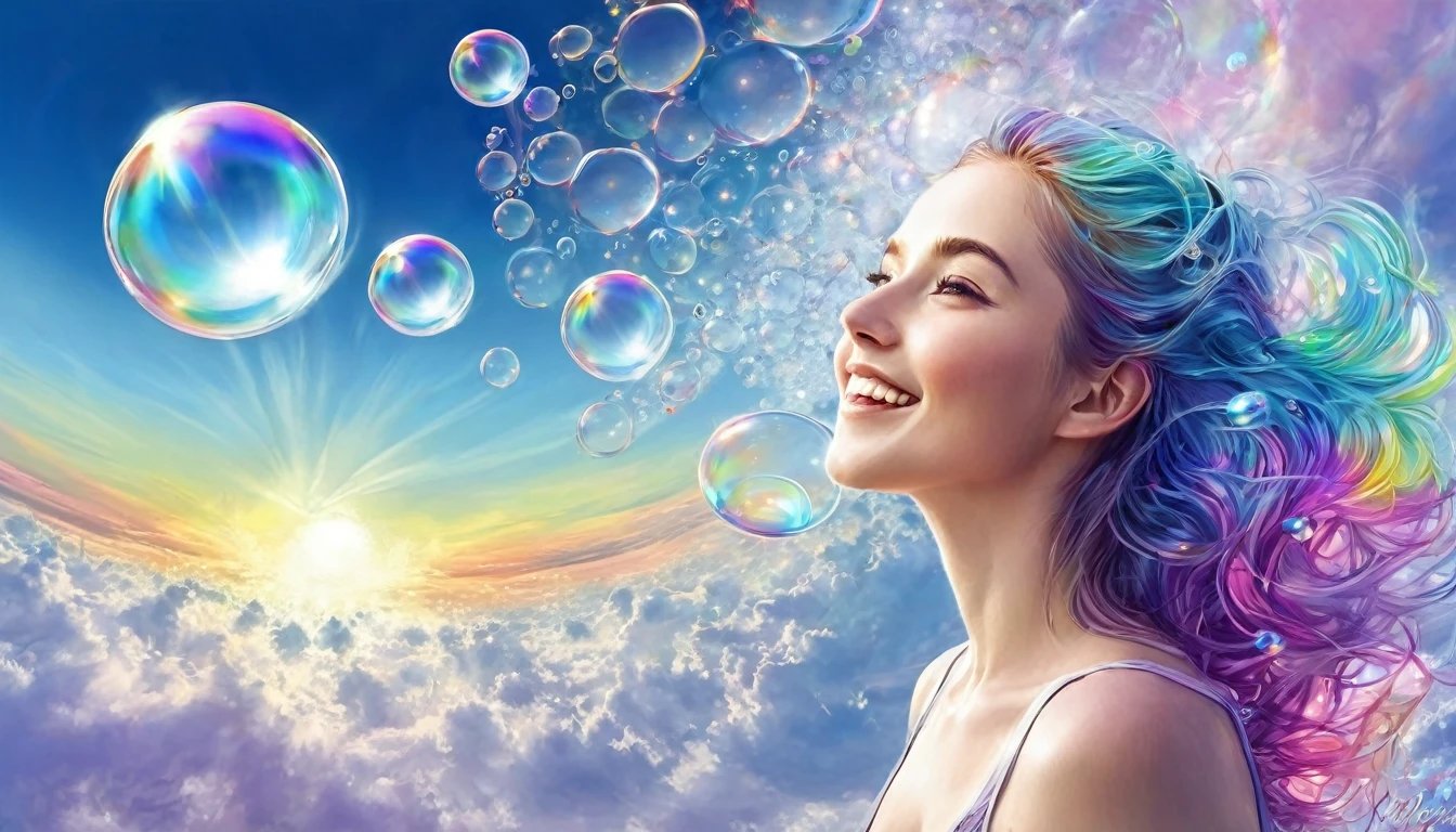 (work of art, maximum quality, best qualityer, water colour (average), offcial art, beautiful and aesthetic: 1.2), (1 girl: 1.3), (Fractal Art: 1.3), morning, Good morning, ssmile, Sunnyday, happy, look viewer, standard, Nikke, (iridescent hair, colorfully Hair: 1.2), sky, gas, clouds, colorfully, Soap bubbles