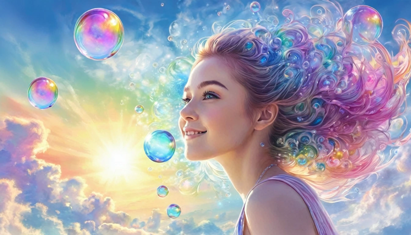 (work of art, maximum quality, best qualityer, water colour (average), offcial art, beautiful and aesthetic: 1.2), (1 girl: 1.3), (Fractal Art: 1.3), morning, Good morning, ssmile, Sunnyday, happy, look viewer, standard, Nikke, (iridescent hair, colorfully Hair: 1.2), sky, gas, clouds, colorfully, Soap bubbles