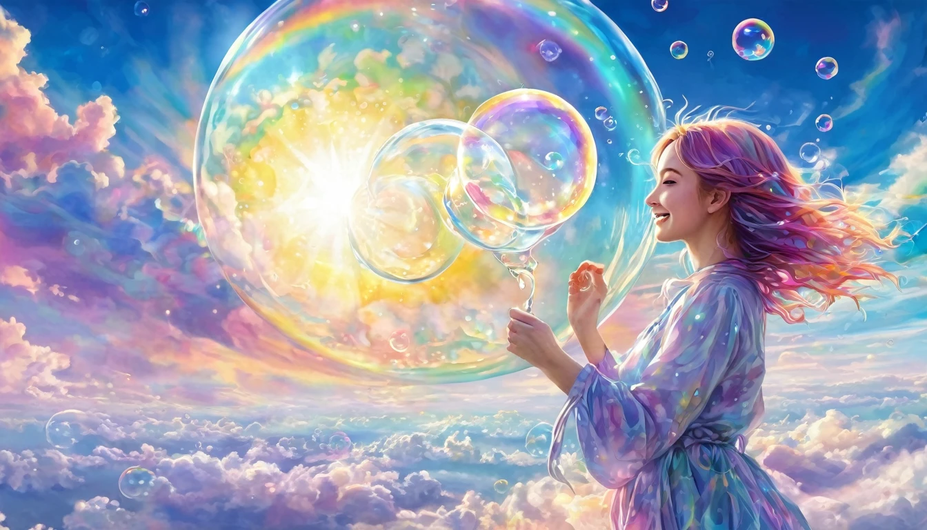 (work of art, maximum quality, best qualityer, water colour (average), offcial art, beautiful and aesthetic: 1.2), (1 girl: 1.3), (Fractal Art: 1.3), morning, Good morning, ssmile, Sunnyday, happy, look viewer, standard, Nikke, (iridescent hair, colorfully Hair: 1.2), sky, gas, clouds, colorfully, Soap bubbles