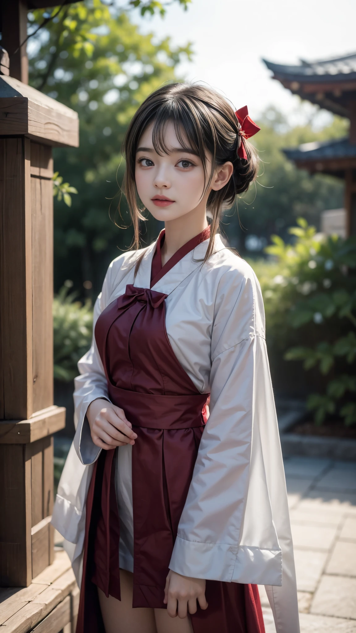 Beautiful girl in shrine maiden outfit, Baby Face, Outstanding Style, Ultra-detailed, Short Hair, Professional photography techniques, Cinema Lighting, Highest quality, masterpiece, 8K, RAW Photos