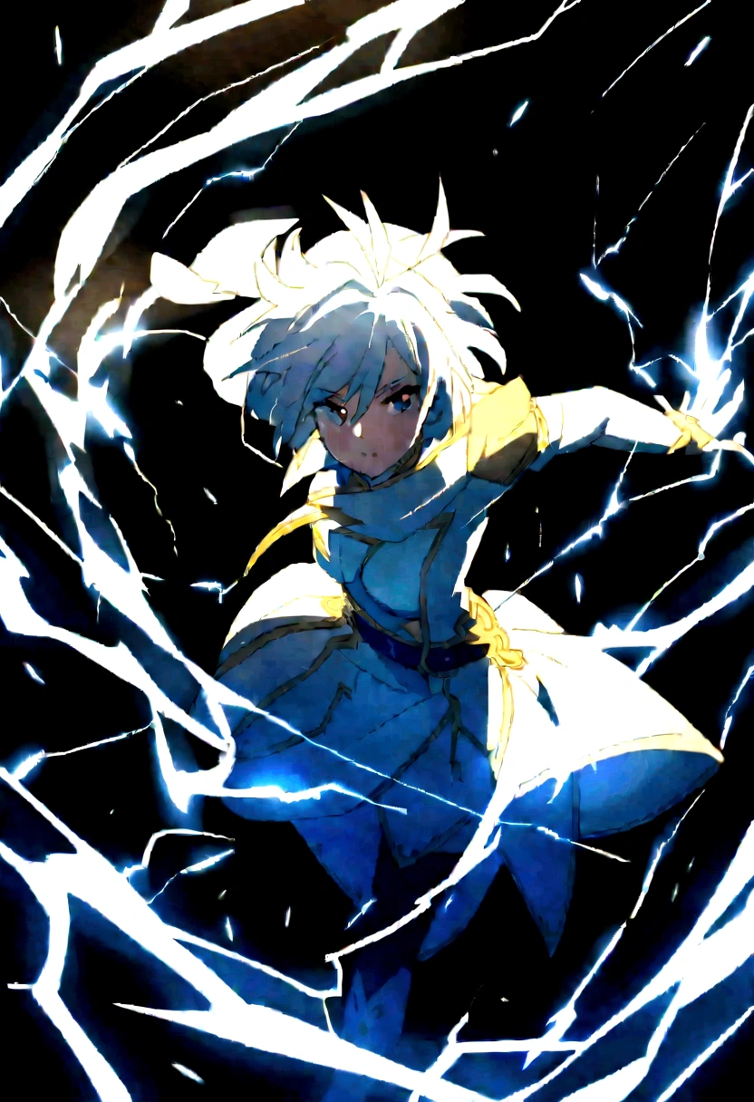 2D anime boy with the power to turn into a bird girl girl with the power to create lightning add a little more detail to the image I want her two arms to appear holding a sword and her breasts to be bigger I want her breasts to be more detailed bigger where are her arms I want her breasts to increase more detail I want her both arms to be shown