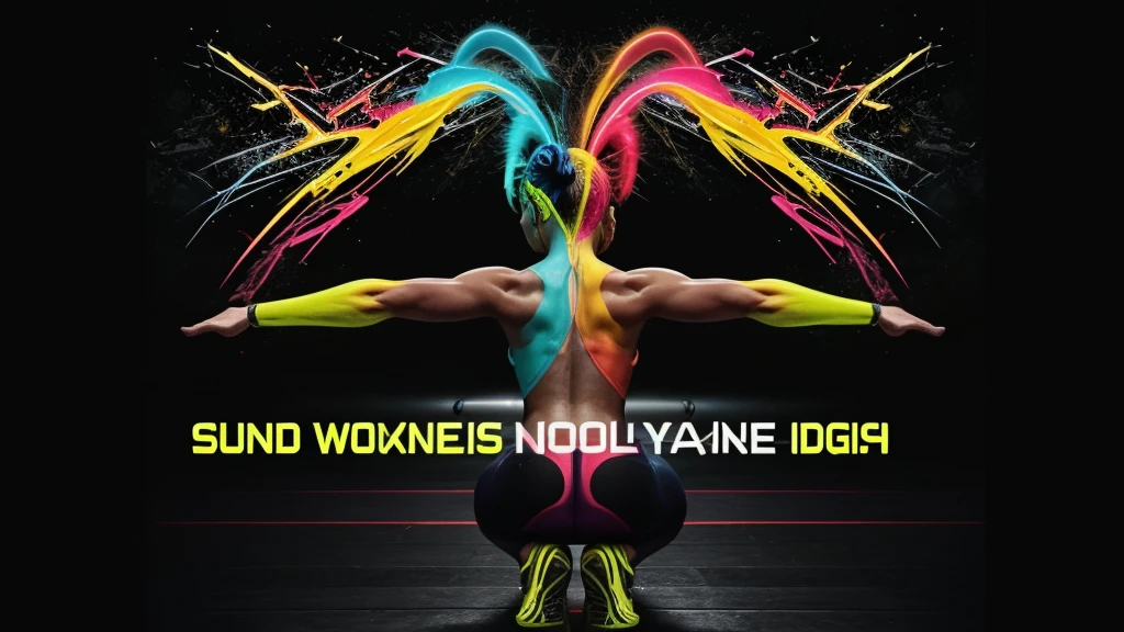 Create a vibrant and energetic poster for a YouTube workout playlist. The poster should feature a bold and dynamic design with a dark background and neon accents. Include abstract elements like sound waves, lightning bolts, or geometric shapes. Show diverse, fit individuals in motion, engaging in various exercises like running, lifting weights, or doing yoga. Use a mix of bright colors like red, blue, and yellow. Prominently display the text 'Ultimate Workout Playlist' in large, bold font. Ensure the design conveys energy, motivation, and fitness.