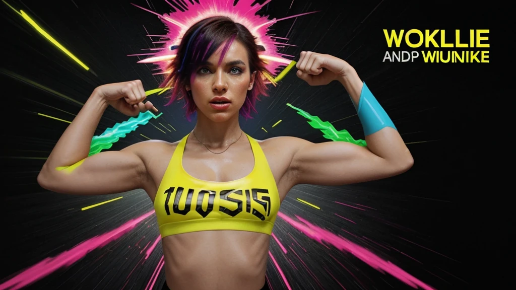 Create a vibrant and energetic poster for a YouTube workout playlist. The poster should feature a bold and dynamic design with a dark background and neon accents. Include abstract elements like sound waves, lightning bolts, or geometric shapes. Show diverse, fit individuals in motion, engaging in various exercises like running, lifting weights, or doing yoga. Use a mix of bright colors like red, blue, and yellow. Prominently display the text 'Ultimate Workout Playlist' in large, bold font. Ensure the design conveys energy, motivation, and fitness.
