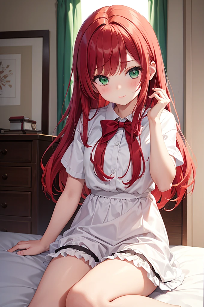 One girl、Red Hair、Green Eyes、Bloomers at school、Woman wearing white maja at home、nsfw