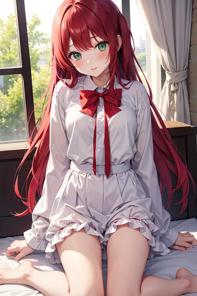 One girl、Red Hair、Green Eyes、Bloomers at school、Woman wearing white maja at home、nsfw