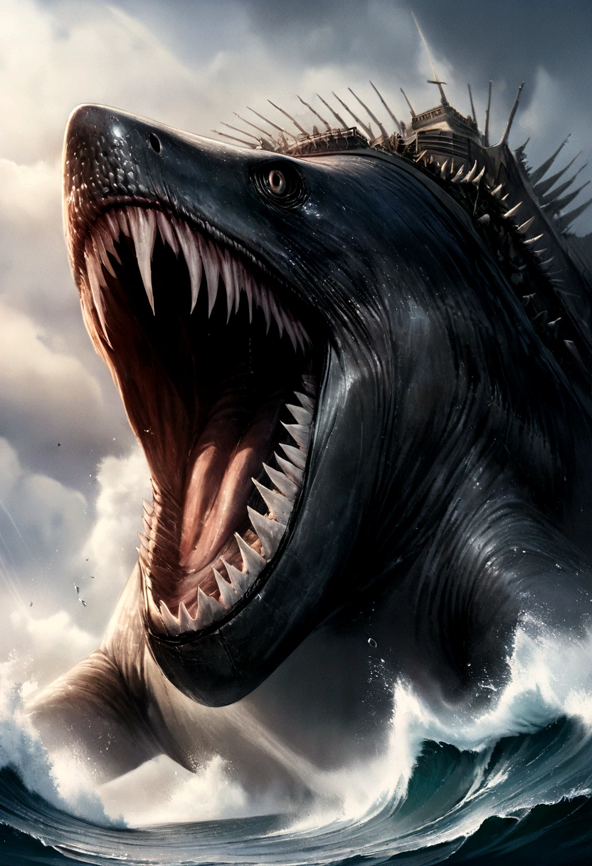 Realistic photos , 16K, Illustration of a Kraken fighting a Megalodon, With many details, sensational
