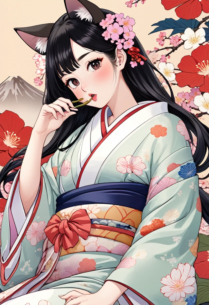(utamaro style:1.2) , Hallucination, daydream , nightmare , Insane Dream , bokeh , erotica , romance , realistic mouse nymph and realistic cat , kimono , futon , Petals fluttering down , Single eyelids, round nose, swollen cheeks , Mount Fuji, Hawk, licking Eggplant , Collarbone