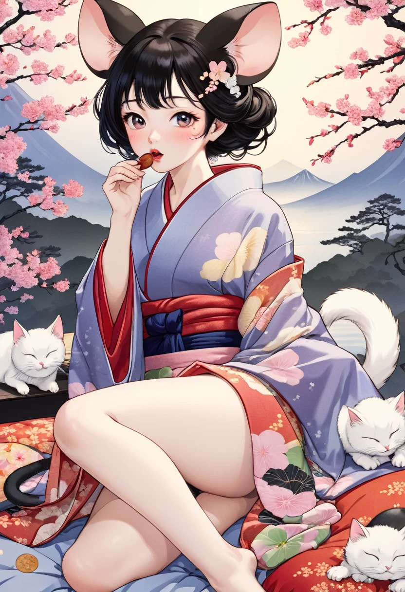 (utamaro style:1.2) , Hallucination, daydream , nightmare , Insane Dream , bokeh , erotica , romance , realistic mouse nymph and realistic cat , kimono , futon , Petals fluttering down , Single eyelids, round nose, swollen cheeks , Mount Fuji, Hawk, licking Eggplant , Collarbone