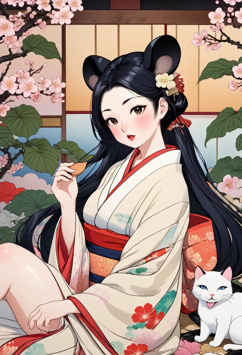 (utamaro style:1.2) , Hallucination, daydream , nightmare , Insane Dream , bokeh , erotica , romance , realistic mouse nymph and realistic cat , kimono , futon , Petals fluttering down , Single eyelids, round nose, swollen cheeks , Mount Fuji, Hawk, licking Eggplant , Collarbone
