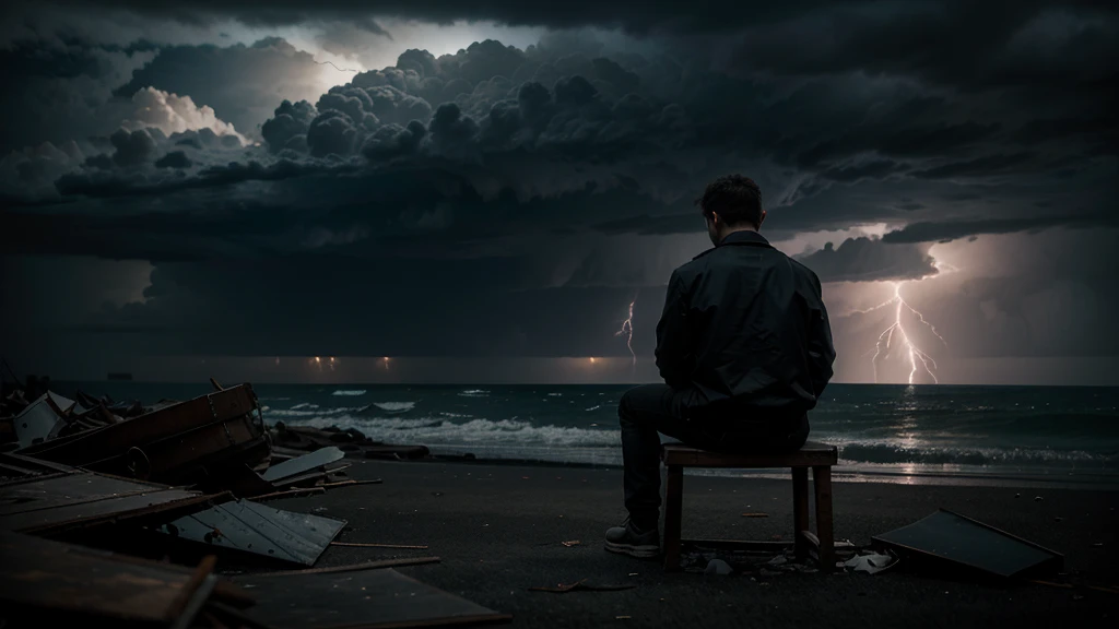 a shocking and dramatic setting. An individual is shown sitting with his back to a dark and stormy horizon, with threatening clouds and lightning illuminating the sky. At his feet you can see a path full of obstacles and debris, symbolizing the challenges that stand in his way. The worried expression on the character's face reflects the feeling of being overwhelmed by the magnitude of the challenges presented.