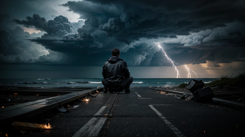 a shocking and dramatic setting. An individual is shown sitting with his back to a dark and stormy horizon, with threatening clouds and lightning illuminating the sky. At his feet you can see a path full of obstacles and debris, symbolizing the challenges that stand in his way. The worried expression on the character's face reflects the feeling of being overwhelmed by the magnitude of the challenges presented.