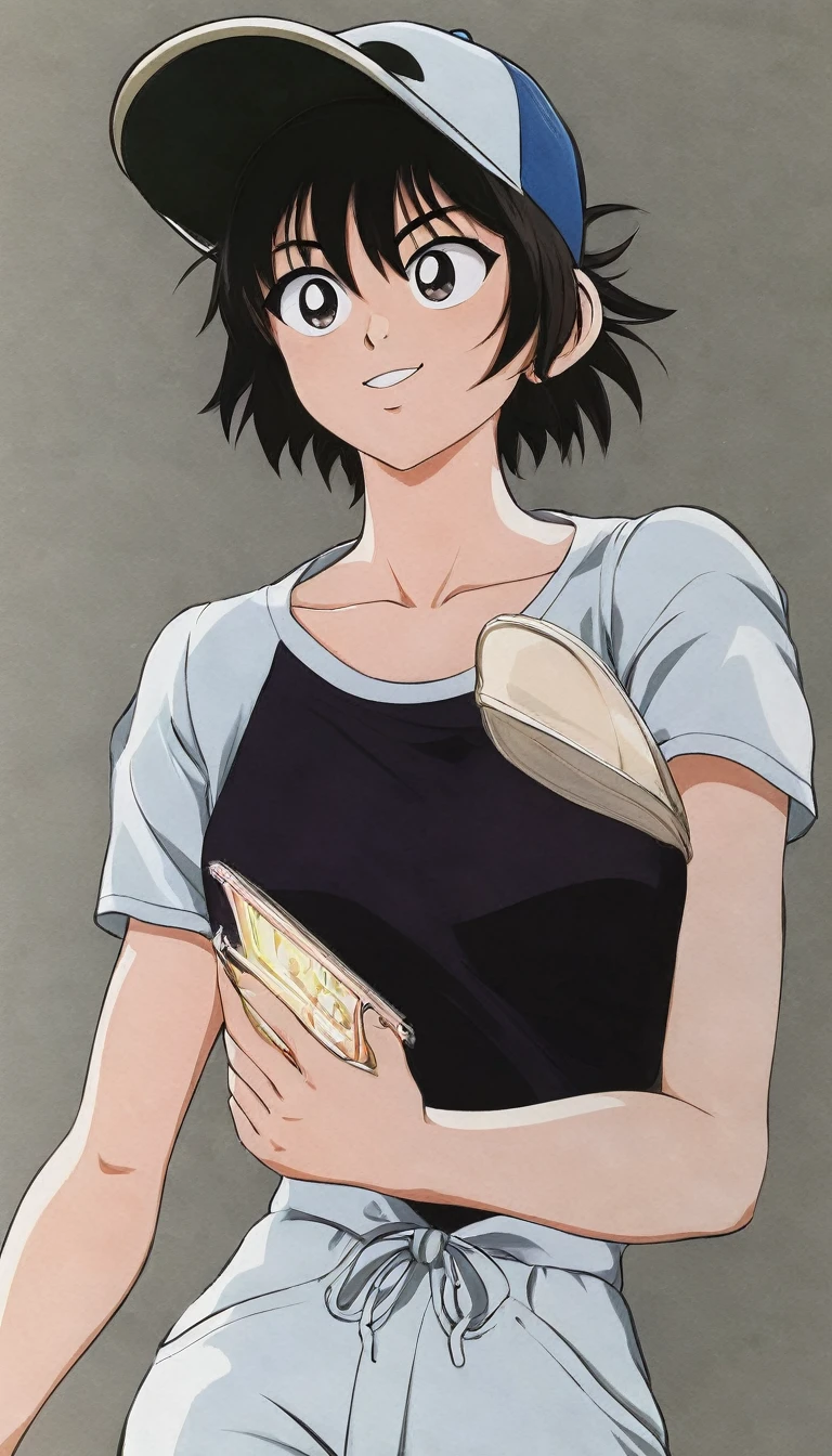 A girl with short hair wearing a baseball cap backwards、boyish、Spiky Hair、Fluttering Hair、fine、bright、stylish、Casual clothing、Casual Background、Cool angle、