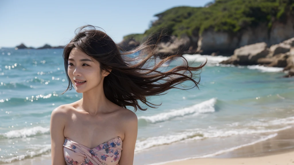 ((Highest quality)), ((8K)), ((masterpiece: 1.3)), (Perfect appearance), (Photorealism: 1.6), (一人のwomanが立っている), (A sandy beach lit by the dazzling morning sun), (The sea sparkling in the morning sun), (Calm sea without waves), (TI, JMA), (woman: 1.6), (Blurred Background: 1.8), (日本人woman1人: 1.6), 36 years old, ((Realistic skin texture)), (Fine wrinkles appear all over the skin: 0.8), (Dullness: 1.1), (Moisturized Skin: 1.2) , (Facial wrinkles: 0.9), (Wrinkles around the eyes: 1.2), double eyelid, Lower eyelid tear sulcus, Eyes on you, Serious expression, (Dimples: 1.2), Short bangs, (Short Wavy Hair: 1.2), (Messy Hair), (Hair blowing violently in the wind: 1.4), Laugh with the corners of your mouth turned up, Completely naked, (Armpit Hair), (Small breasts), (Saggy breasts), (Flaky, saggy breasts), (Rough and casual clothing), barefoot, (Focus on the upper body: 1.4),