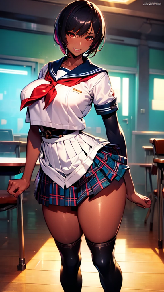 ((masterpiece)),(perfect anatomy),((best quality)),((ultra-detailed)),(illustration),(high resolution),((Latina)),((strong dark skin)),((gyaru)),((stylish)),((gorgeous)),((semirealistic)),((dark skinned girl)),((Feminine)),(((comic aun))),(((misaki kurehito))),((dutch angle,standing,various shot)),(perfect hands),(delicate and beautiful),(beautiful detailed eyes),female only,8k wallpaper,(high quality artwork),detailed face,beatiful face,((misaki kurehito like face)),masterwork,best quality,incredibly absurdres,hyper intricate,extremely detailed girl,vibrant eyes,ray tracing,((vibrant colors)),detailed legs,((detailed sailor style school uniform)),((detailed black socks)),((mini pleated tartan check skirt)),smirk,indoors,school background,extreamy,sunshine,((multicolored streaked very short hair)),((various very short pixie hair)),highest quality,80mm,ultra detailed,8k,4k,intricate,highly detailed,ambient light3,cinematic composition3,HDR,Accent Lighting,original,highres