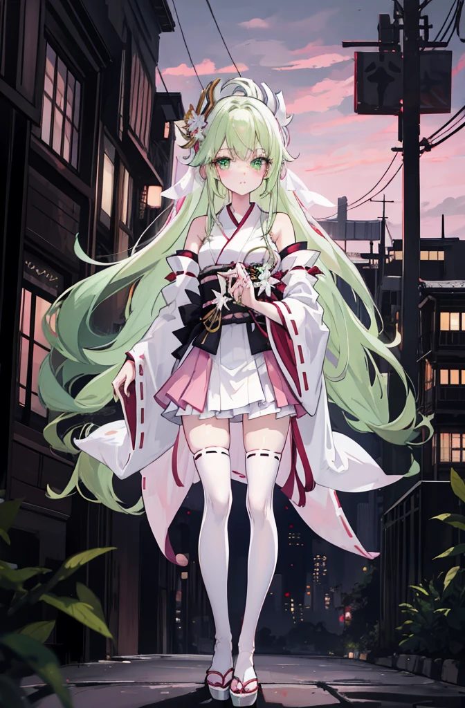 A pink-haired，The hair was long，green eyes,Very long dull hairs，dark city background，white kimono costume，White miko stockings，white mini skirt, night,standing,