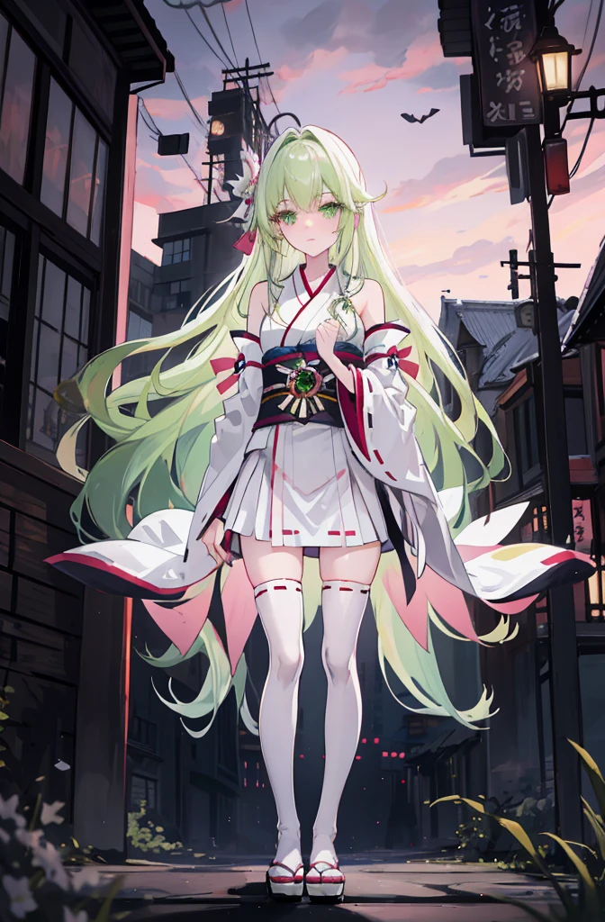 A pink-haired,The hair was long,green eyes,Very long dull hairs,dark city background,white kimono costume,White miko stockings,white mini skirt, night,standing,