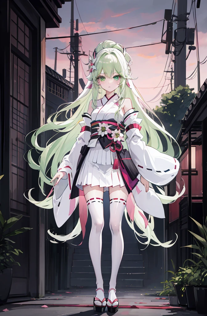 A pink-haired,The hair was long,green eyes,Very long dull hairs,dark city background,white kimono costume,White miko stockings,white mini skirt, night,standing,