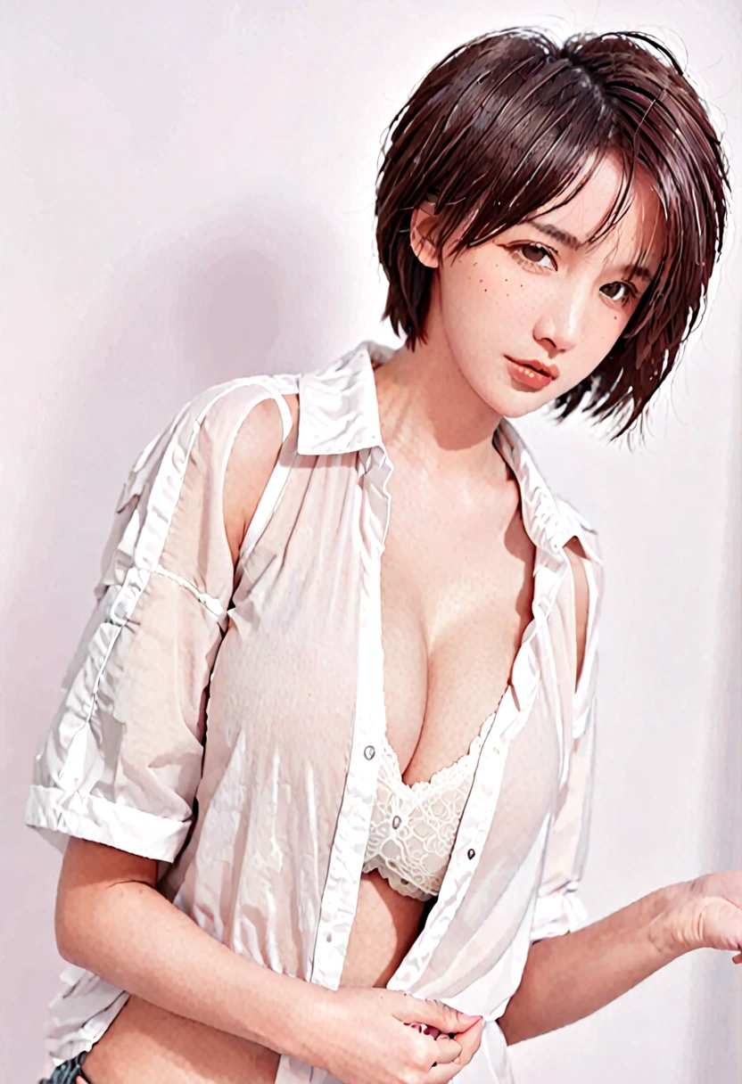 1girl, breasts, blush, short hair, shirt, 1boy, white background, shorts, solo focus, dark skin, holding hands, flying sweatdrops, spiked hair, genderswap, clothes writing, genderswap (mtf),red lips