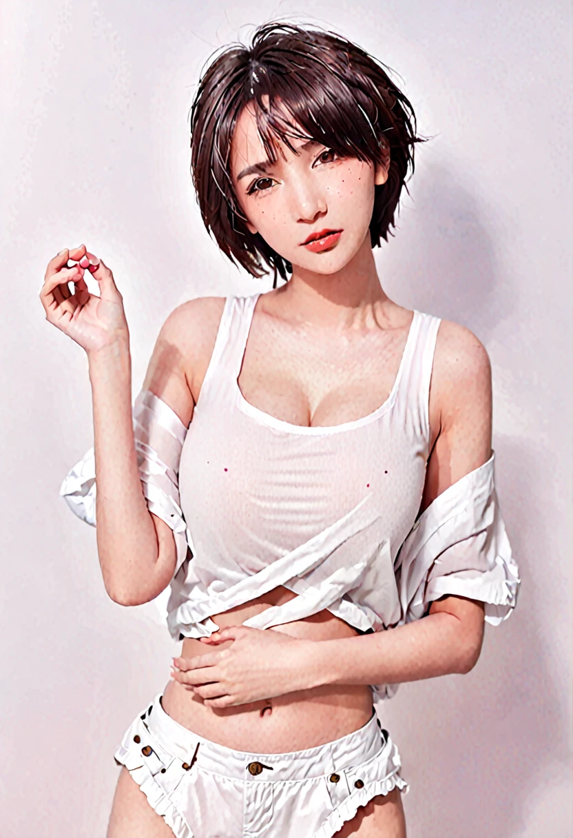 1girl, breasts, blush, short hair, shirt, 1boy, white background, shorts, solo focus, dark skin, holding hands, flying sweatdrops, spiked hair, genderswap, clothes writing, genderswap (mtf),red lips