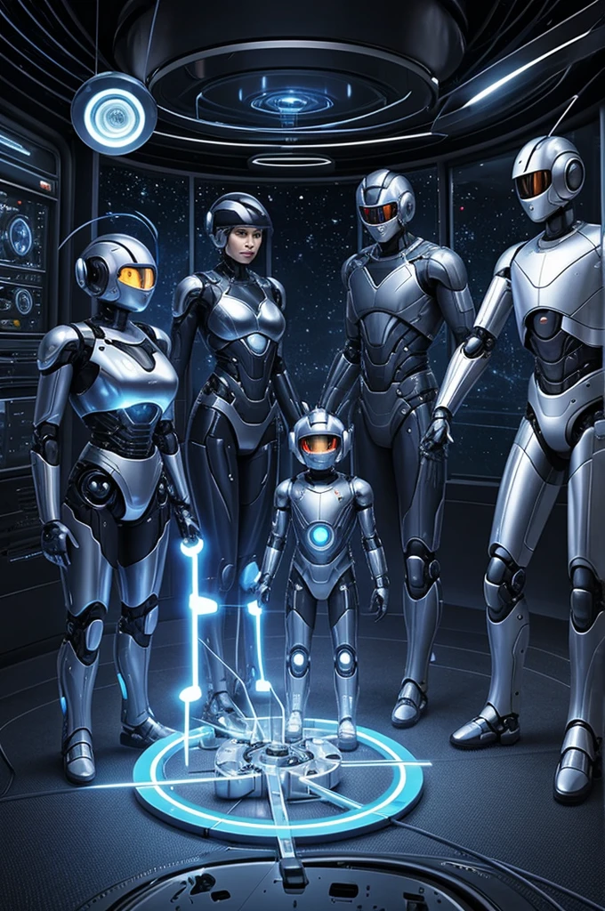 Draw a future family of 3 women, 2 men and a grandmother, everyone in their 50s, sharing together in a futuristic environment where there is teleportation and everyone is connected by antennas, Also they all have robotic parts in their bodies. 