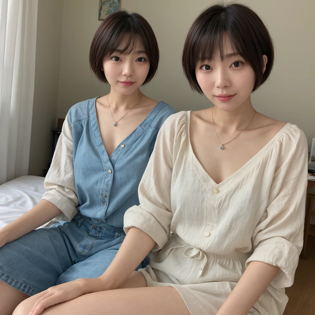 (highest quality、8k、32k、masterpiece、Hmph:1.2)、Photo of beautiful Japan woman in her 30s、very short hair、short hair、Shortcuts、Upper Body、necklace、Shooting from the sky、Don'Don't look at the camera、(Realistic、Photorealistic:1.37)、1 girl、Photographed in natural light、Physically Based Rendering、Excellent image quality、High resolution、1080p、(Detailed facial depiction)、(Detailed description of the hands)、(Detailed CG)、Rich details、(exquisite features)、(Best image quality)、(masterpiece)、(Beautiful Eyes)、Delicate clavicle、Various poses、profile、White wall、Taken in front of a white door、(A room with a white wall and a window)、Earrings、Laughter、Spring Clothes、((Long sleeve dress))、Look Down、Downward