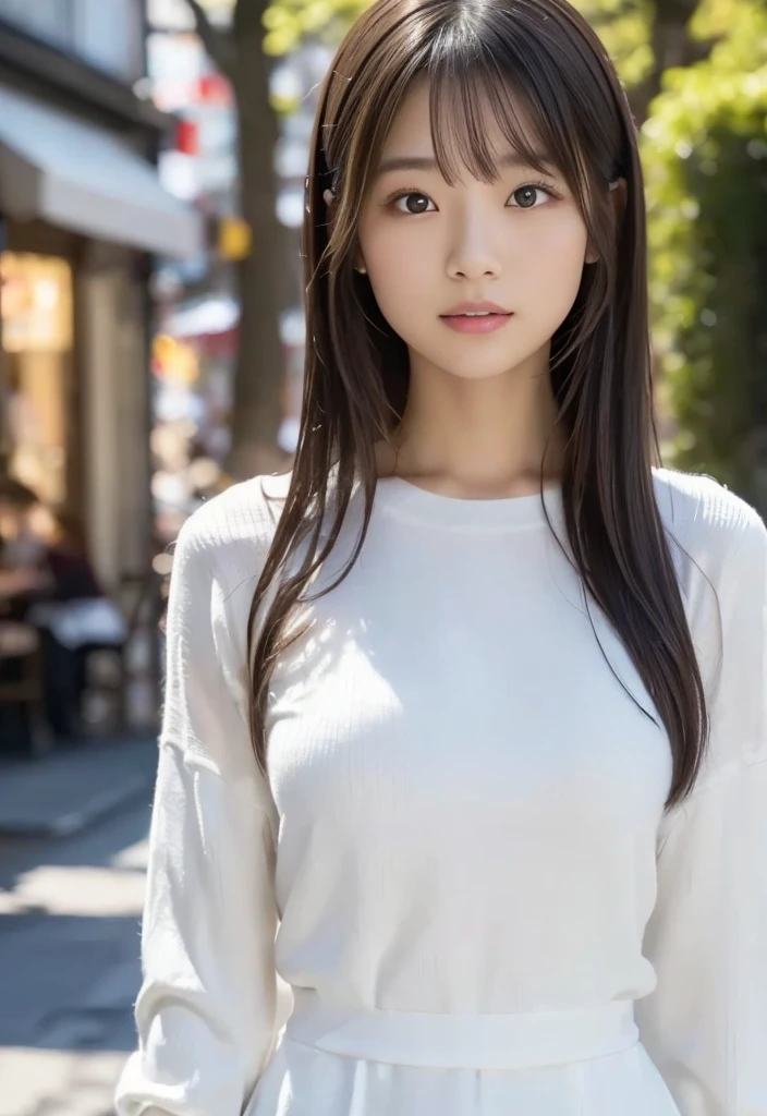 (((Cafe:1.3, Outdoor, Photographed from the front))), ((Long Hair:1.3, White knit, Japanese women,cute)), (clean, Natural Makeup), (Highest quality, masterpiece:1.3, 超High resolution), (Very detailedな, Caustics), (Realistic:1.4, RAW shooting), Very detailed, High resolution, 16K resolution