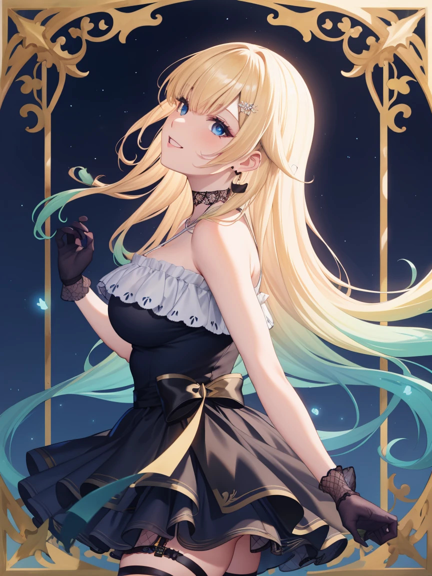 Portrait, official art, best masterpiece, best quality, best resolution, 8K, best detailed, (perfect anatomy:1.3), (looking at viewer)
BREAK
shaft head tilt, from behind, from side, (Hair fluttering in the wind)
BREAK
aizawa ema, long hair, gradient hair, blond hair, hair ornament, earrings, blue eyes, lace choker, black choker, bare shoulders, criss-cross halter, blue dress, frils, black bow, black gloves, thigh strap, fishnet, single thighhigh, (large breasts:1.2), solo, 1girl
BREAK
(smile:1.1), (cheeks), (close your mouth)
BREAK
night sky, very detailed 16KCG wallpapers