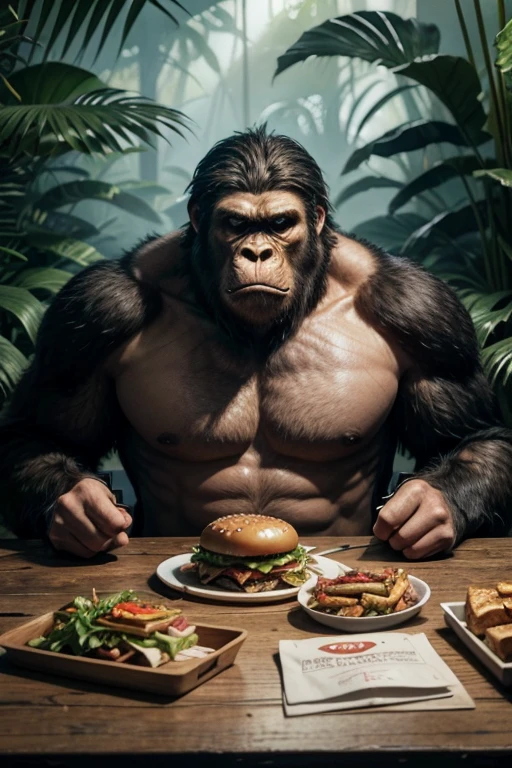 create a fictional illustration of King Kong sitting at a table in the jungle, eating a burger, and on the table the delivery bag written Apache Barbecue. 