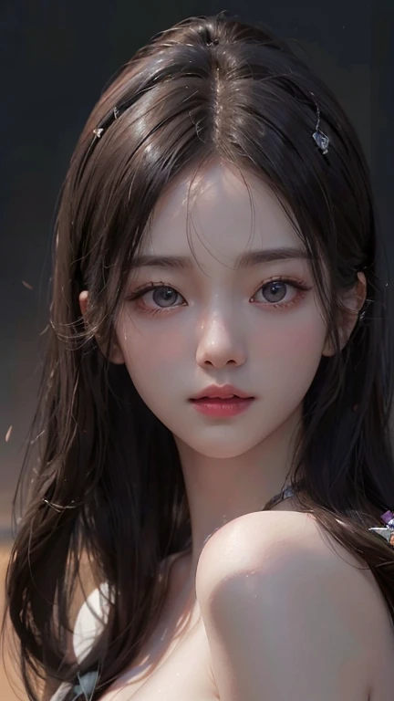 (Hyper-realistic) , (illustratio), (Increase the resolution), (8K), (extremely detaile), (Most Best Illustration), (Beautiful and delicate eyes), (best qualtiy), (ultra - detailed), (tmasterpiece), ( the wallpaper), (Detailed face), solo,1个Giant  Girl, looking at viewert, exquisite detailing, Detailed face, deep shading，low tune,pureerosfaceace_V1, ssmile,long whitr hair，Black shawl straight hair，46 points oblique bangs，Best quality、tmasterpiece、A high resolution、1girll、hair adornments、choker necklace、jewely、pretty  face、Physically、Tyndall effect、realisticlying、Shadow Studio、edge lit、bicolor lighting、（highdetailskin：1.2）、8K, Ultra HD、Digital SLR、softlighting、high high quality、volumettic light、sneak shot、photore、A high resolution、4K、8K, Yes、The background is blurred out，
