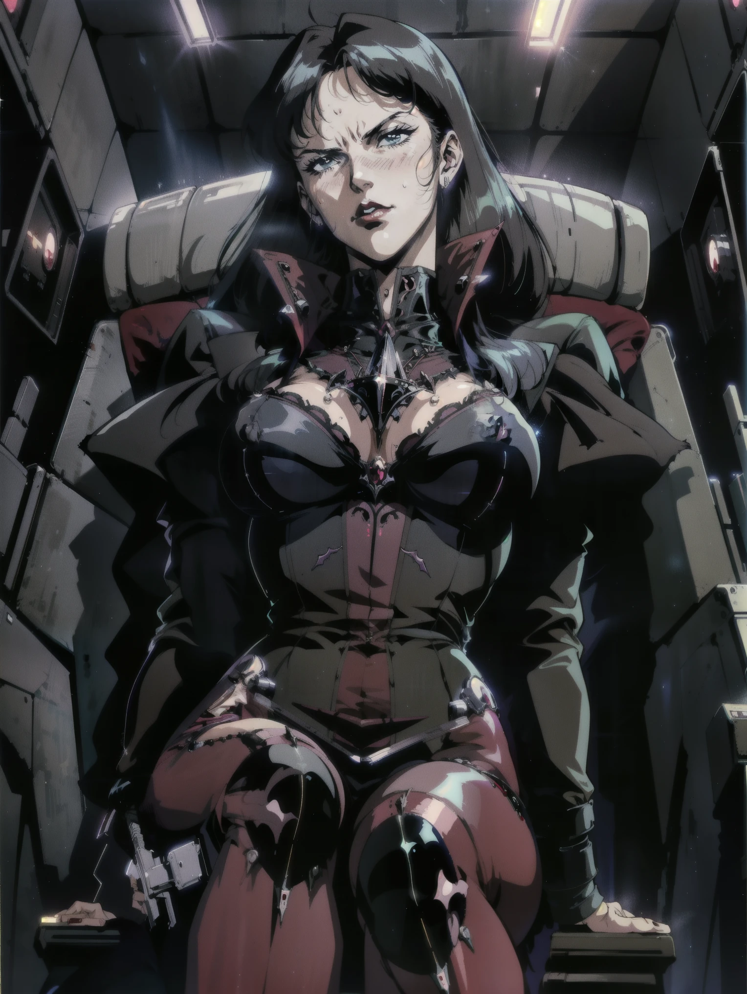 ((((retro anime)) of a gothic vampire piloting a gothic ruby mech)), (from below), close-up, (fisheye), ((gothic (control panels) everywhere)), ((mature)), ((vampiric)), (iridescent bodysuit), lace accessories, dark big lips, ((baroque pilot seat)), ((leaning back sitting pose)), ((elegant)), (((serious tone))), futuristic, top spacecraft control panel, ((dark place)), ((low-light)), intricate control panel details, 1990s (style), [blushing], sweat, masterpiece, claustrophobic, sparkles, limited colors, nsfw