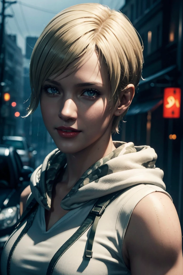 Resident Evil 6,Shelley,Short Hair,Blonde Hair,White hoodie,Camouflage neck warmer,Photorealistic,Ultra HD,high quality,masterpiece,Digital SLR,Detailed details,Intricate details,Anatomical basis,Depicted in detail,A detailed face,Realistic skin texture,Vivid details,Perfect Anatomy,Perfect Anatomy,Anatomically correct hand,Anatomically correct fingers,Super Detail,Complex 3D rendering,Sexy pose,Rainy Sky,Beautiful scenery,Fantastic rainy sky,Picturesque,Red Lip,smile,