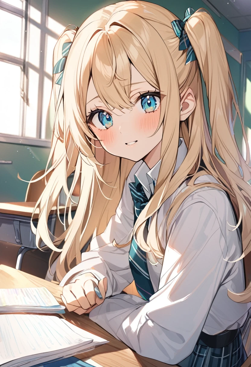 1girl 15 years old,two side up,long hair,blonde hair,turquoise eyes,,classroom