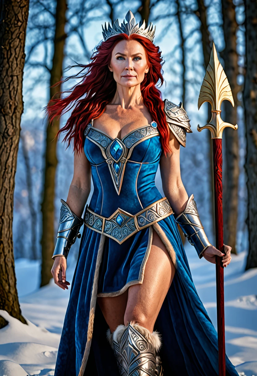Full body Portrait of the Great Nordic Queen, a very gorgeous woman, 50 years old, thick healthy body, erotic warrior costumes, dark red styled fluffy hair, natural Blue eyes, a nose with a bump, an elongated chin, dressed in ancient national,
8k resolution, dynamic lighting hyperdetailed intricately detailed Splash art trending on Artstation triadic colors Unreal Engine 5 volumetric lighting, oil painting, heavy strokes