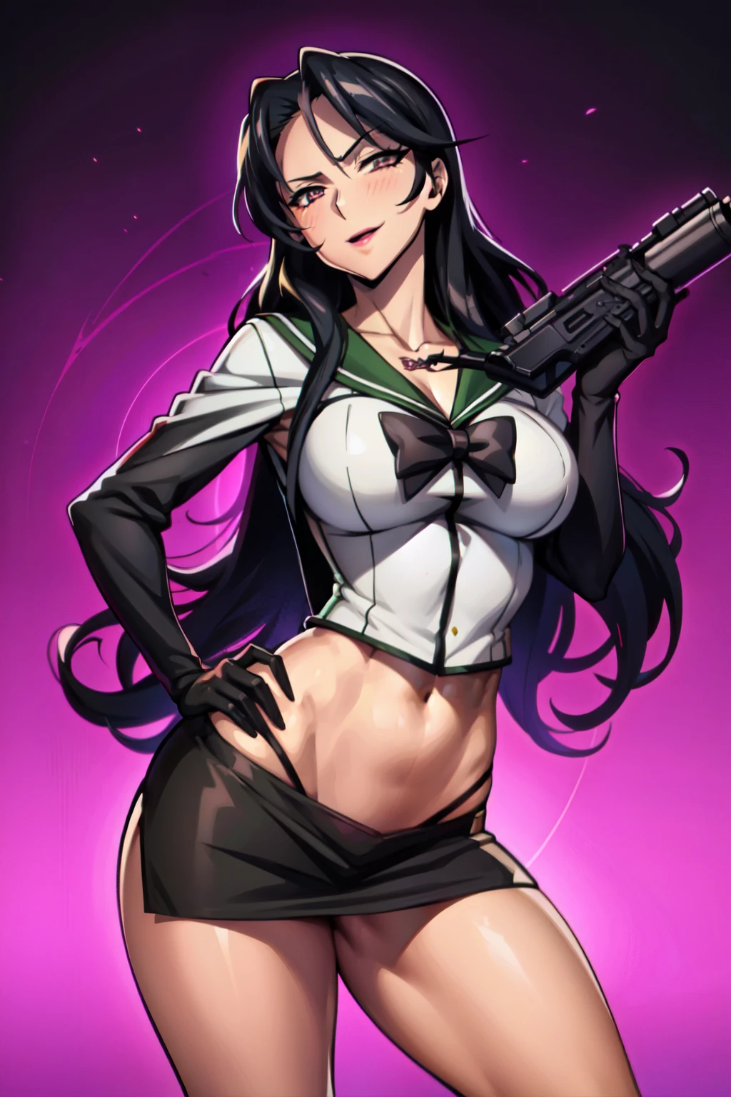 1girl, solo, lust \(fma\), licking lips,  large breasts, evil smile, smile, blush, lipstick, masterpiece, best quality, highly detailed, a anime girls in sailor uniforms with a gun posing for a picture,
evil smile, smile, open mouth,black_serafuku, ecchi anime style, anime girls , ,
ecchi style, ecchi, shipgirls, digital anime art!!, high school girls, holding a gun, hold a gun, anime style 4
k, micro skirt, exposed belly, exposed navel, exposed midriff,
exposed lower belly,school, classroom