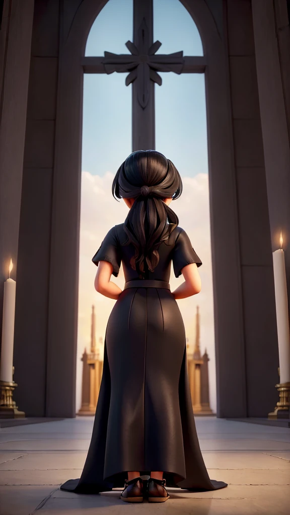 ((best qualityer)), ((work of art)), (detailded), an image of a woman in front of the sacred with her hands together in a prayer position, praying with her back black hair and a dress