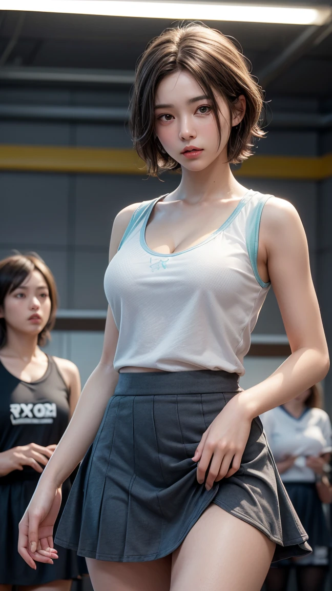 ((Highest quality)), ((masterpiece)), (detailed:1.4), 。.。.。.3d, Beautiful images of women in Play sports oftens and ,Hmph(High Dynamic Range),Ray Tracing,NVIDIA,Super Resolution,Unreal 5,Scattered under the surface,PBR Texturing,Post-processing,Anisotropic Filtering,Depth of written border,Maximum clarity and sharpness,Multilayer Texture,Albedo and Specular Maps,Surface Shading,Accurate simulation of light-matter interactions,Perfect proportions,Octane Rendering,Two-tone lighting,wide aperture,Low ISO、White balance、Three-part method、8,000 students、((Englishman))(((Play sports often,mini skirt)))(((Brown Hair))),Big Breasts, Cleavage,