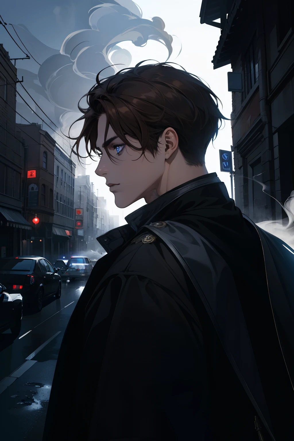 (absurderes, high resolution, ultra detaild)work of art, best qualityer, 1 men,, Dynamic light and shadow. Brown hair. blue eyes. Dark photo. black wings. Smoke. Night city.