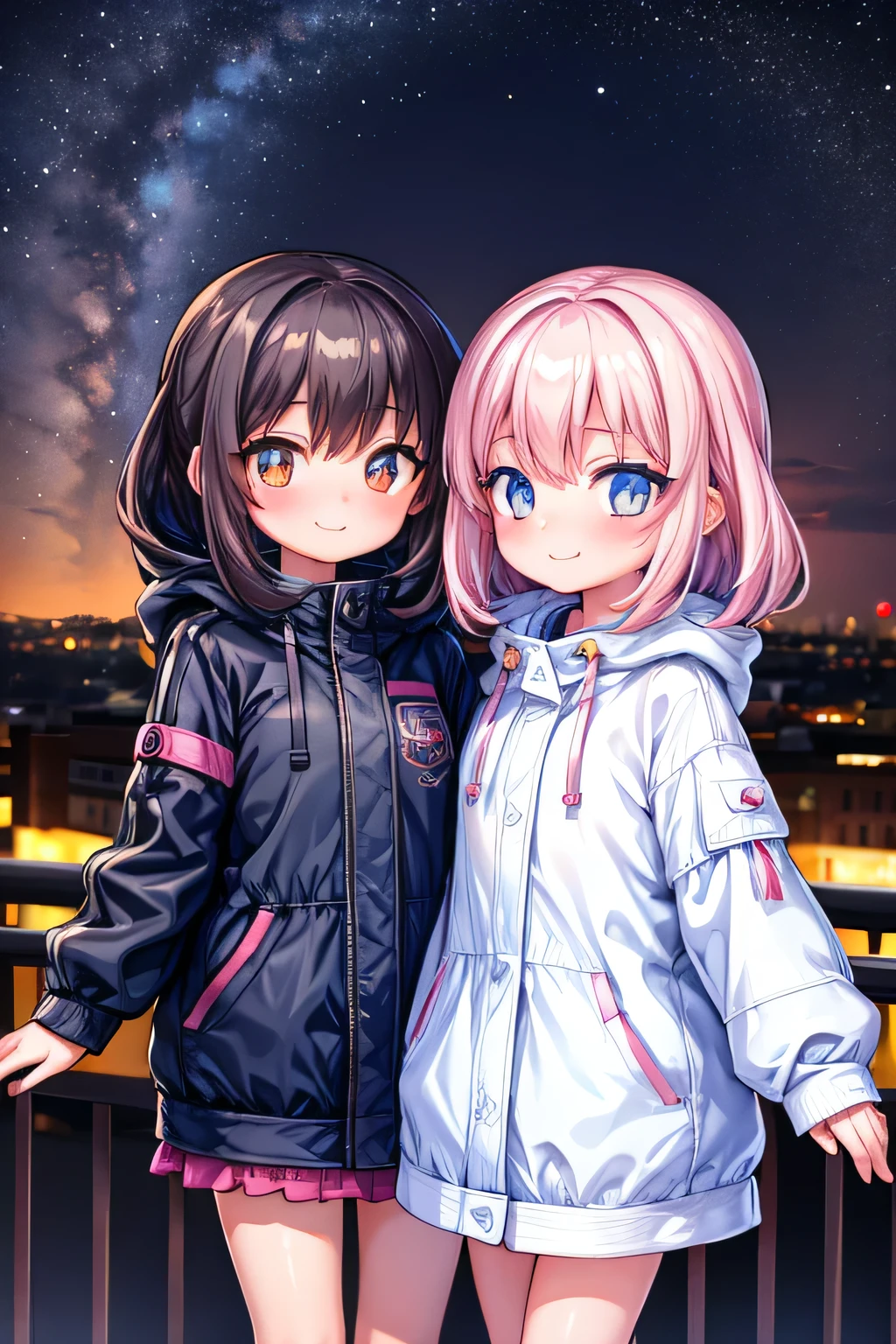 Two girls in jackets on a balcony at night looking at the viewer con una sonrisa