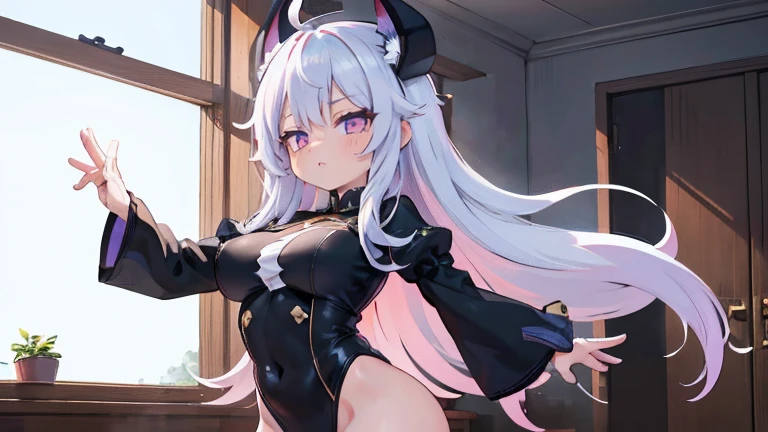 Prinz Eugen, ojos rojos, pelo blanco, cuerpo delgado, medias negras, Alta calidad, Estilo anime, cuerpo completo, Tetas grandes, en el gimnasio