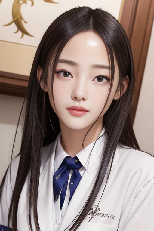 超A high resolution、​masterpiece、top-quality、
extra detailed face、A detailed eye、Very complex and、perfect glossy shiny skins、Perfect litthing、Detailed Lighting、Dramatic shadows、Ray Tracing、
1 girl in、The upper part of the body、Counter Staff Uniforms、looking at the viewers、