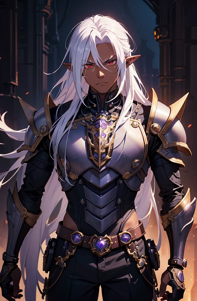 ((best quality)), ((masterpiece)), (detailed), ((boy)), ((mechanical armor)), (steampunk), (serious), dark skinned, human, upper body, portrait, red eyes, long white hair, Xemnas from Kingdom Hearts, half-drow, pointy ears, serious face, dramatic lighting, purple hue, art by Kinema Citrus
