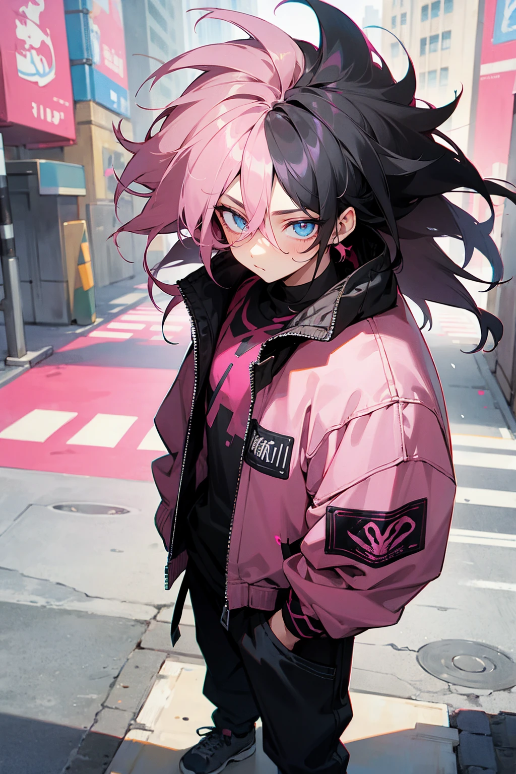 Masterpiece Quality, Perfect Generation, Detailed Eyes, , , Black And Pink Two Toned Messy Hair, , Street Clothing, , , Male, , Detailed Eyes, Standing In  City, Facing Viewer, 